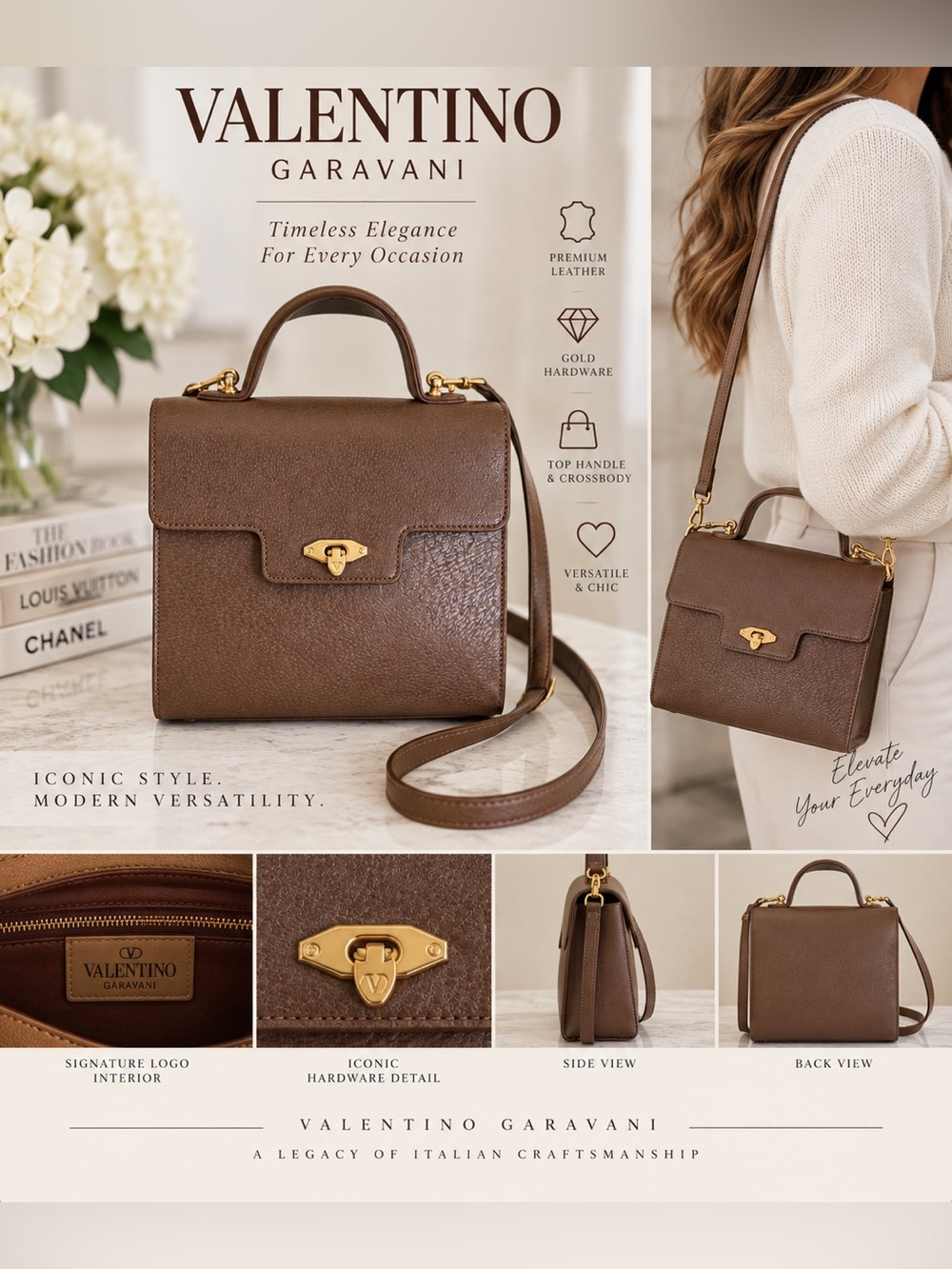 Vintage Valentino Garavani Brown Leather Top Handle Crossbody – Gold Hardware